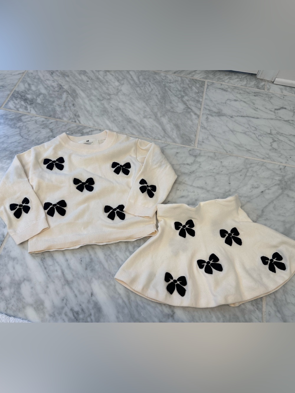 H&M Cream Knit Skirt & Sweater Set with Black Bow Appliqués